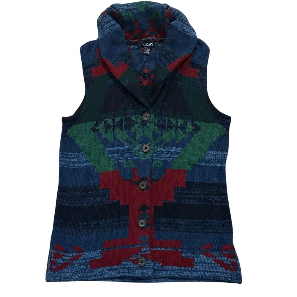 Vintage Chaps Denim Aztec Shawl Collar Cotton Blend Sweater Vest Women's Small